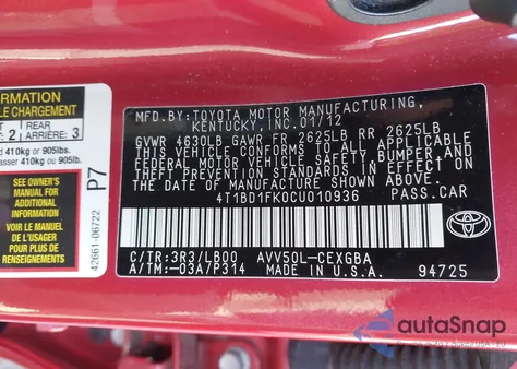 2012 Toyota Camry Hybrid Xle from USA, damaged, VIN 4T1BD1FK0CU010936